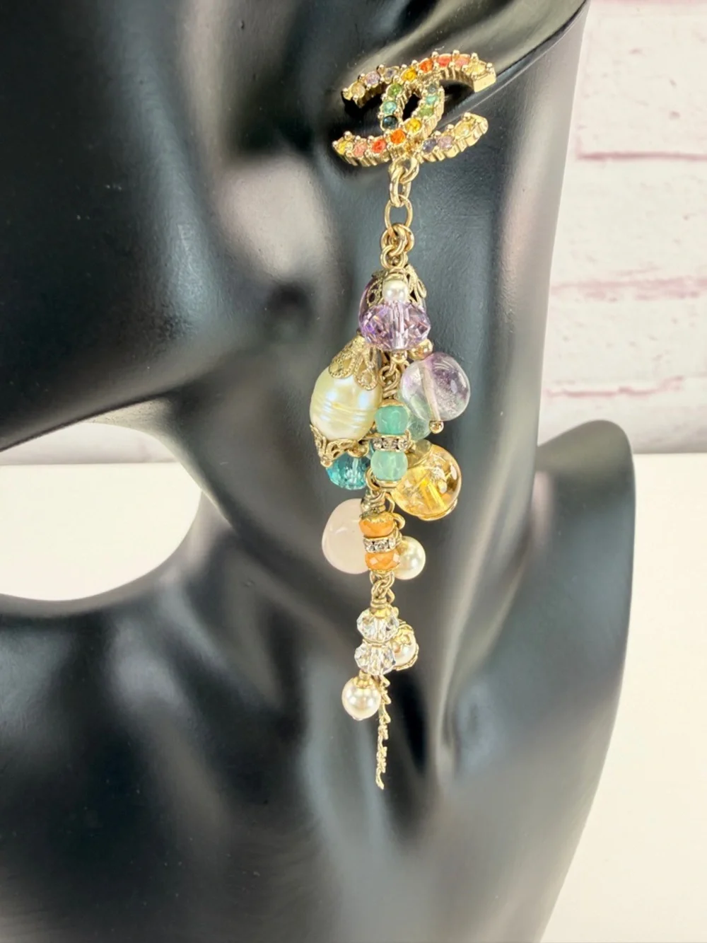 CHANEL Rainbow Strass Multi Stone Gold-Tone CC Drop Dangle Earrings